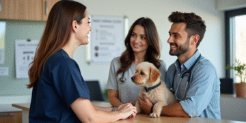 Vétérinaire femme discutant avec un couple et leur chien à la clinique