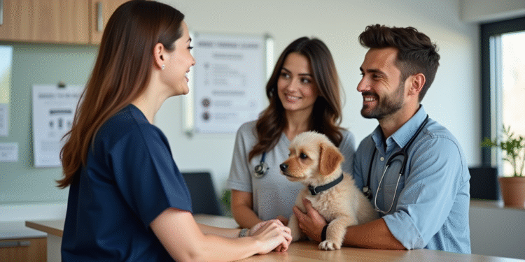 Vétérinaire femme discutant avec un couple et leur chien à la clinique