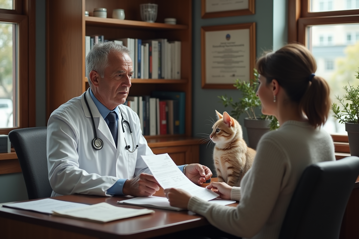 Vétérinaire homme remettant une facture à une femme avec un chat
