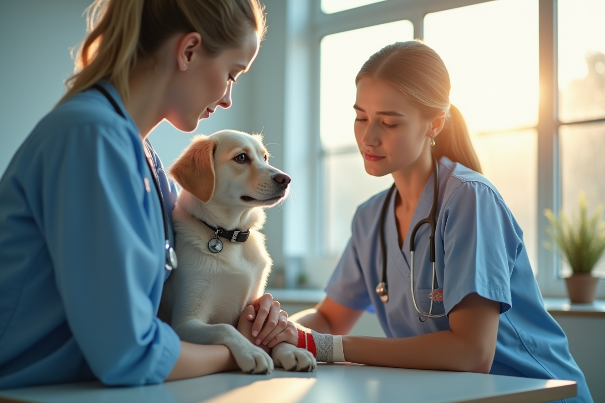 Vétérinaire console un chien blessé dans une clinique lumineuse