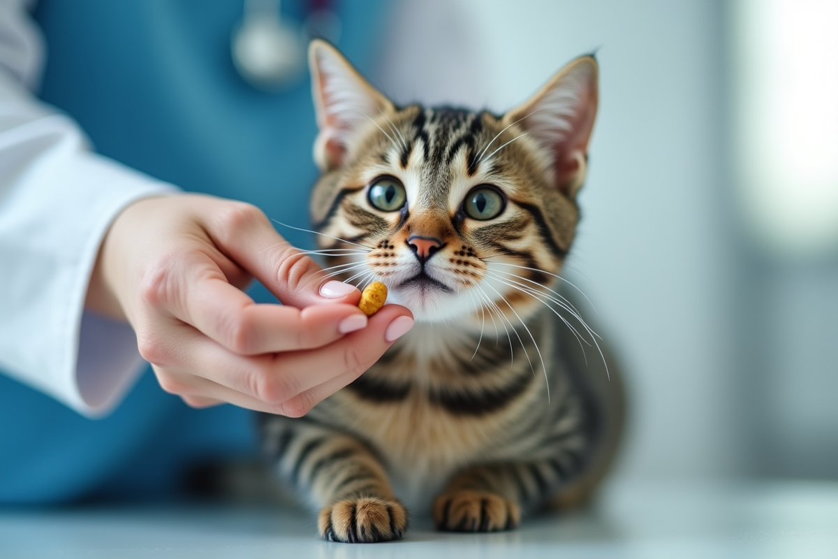 Vétérinaire donnant un complément à un chat tigré en clinique moderne