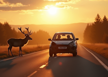 Voiture endommagée arrêtée en campagne avec un chevreuil proche