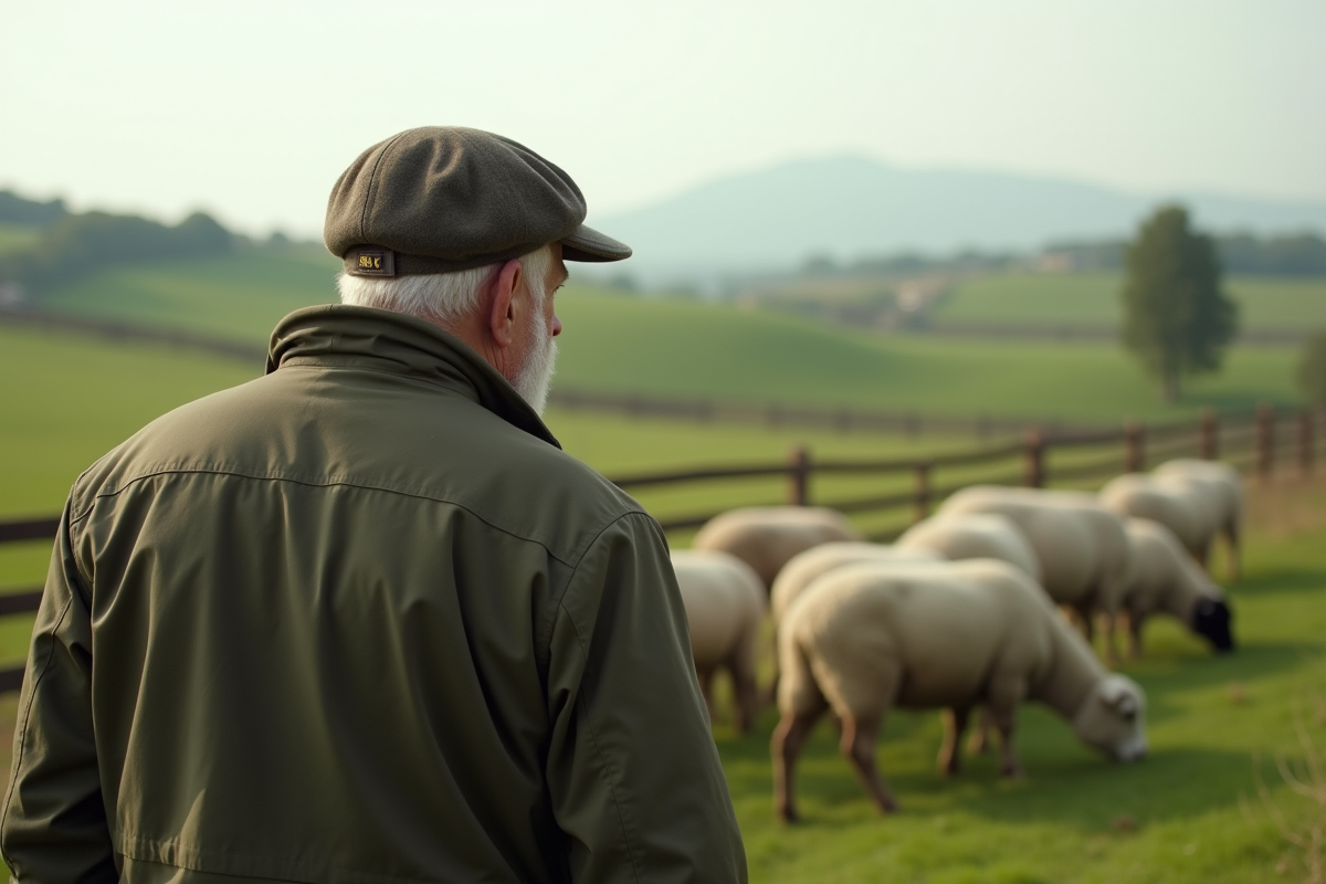 Vieux berger observant un troupeau de moutons dans un champ