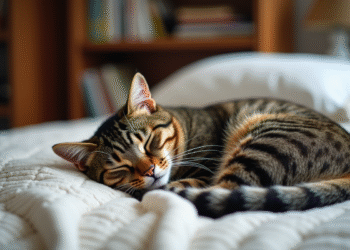 Chat tabby endormi au pied du lit dans une chambre cozy