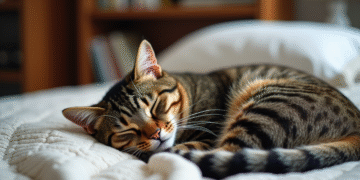 Chat tabby endormi au pied du lit dans une chambre cozy