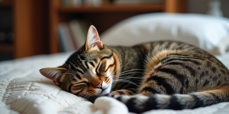 Chat tabby endormi au pied du lit dans une chambre cozy