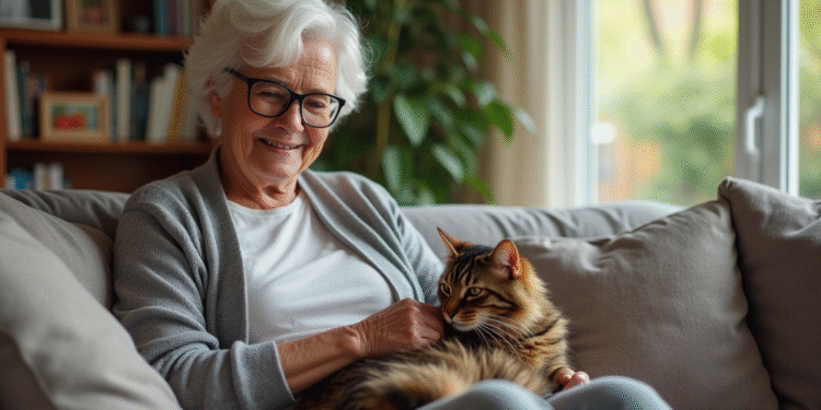 Femme agee caressant un chat longhair sur son fauteuil