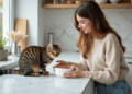 Jeune femme offrant de la nourriture à un chat dans la cuisine
