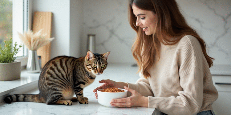Jeune femme offrant de la nourriture à un chat dans la cuisine