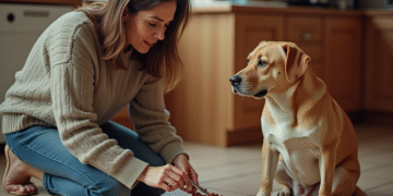 Femme à la maison donnant à manger à son chien dans la cuisine chaleureuse