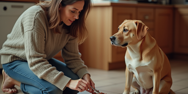 Femme à la maison donnant à manger à son chien dans la cuisine chaleureuse