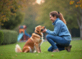 Femme souriante avec son chien golden retriever dans un parc
