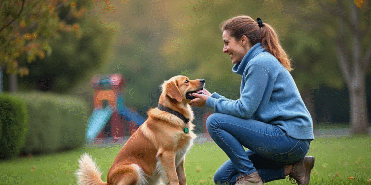Femme souriante avec son chien golden retriever dans un parc