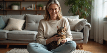 Femme détendue caressant son chat tabby dans le salon