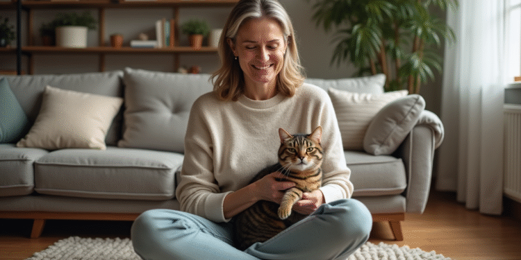 Femme détendue caressant son chat tabby dans le salon