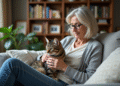 Femme âgée caressant un chat sur ses genoux dans un salon chaleureux