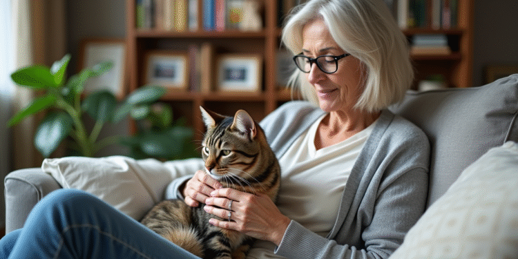 Femme âgée caressant un chat sur ses genoux dans un salon chaleureux