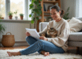 Femme souriante avec chat dans un salon lumineux