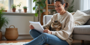 Femme souriante avec chat dans un salon lumineux