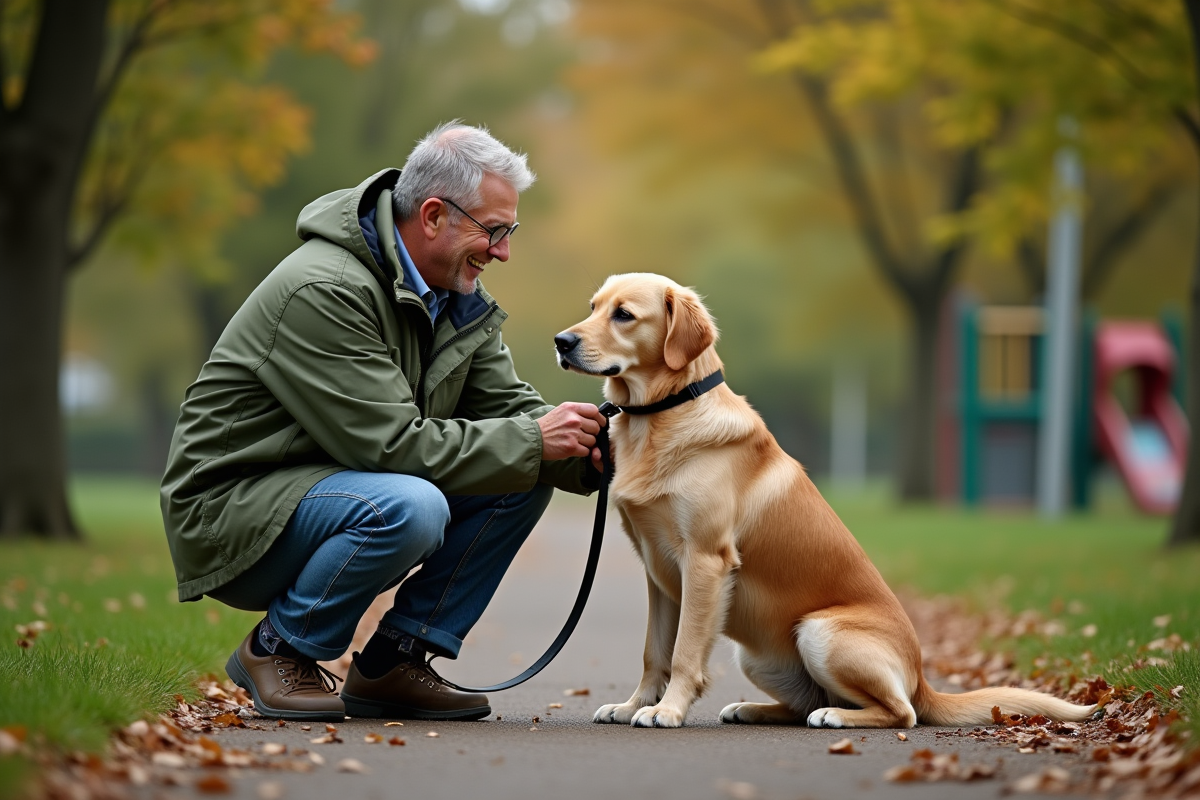 Homme attachant un chien dans un parc suburbain