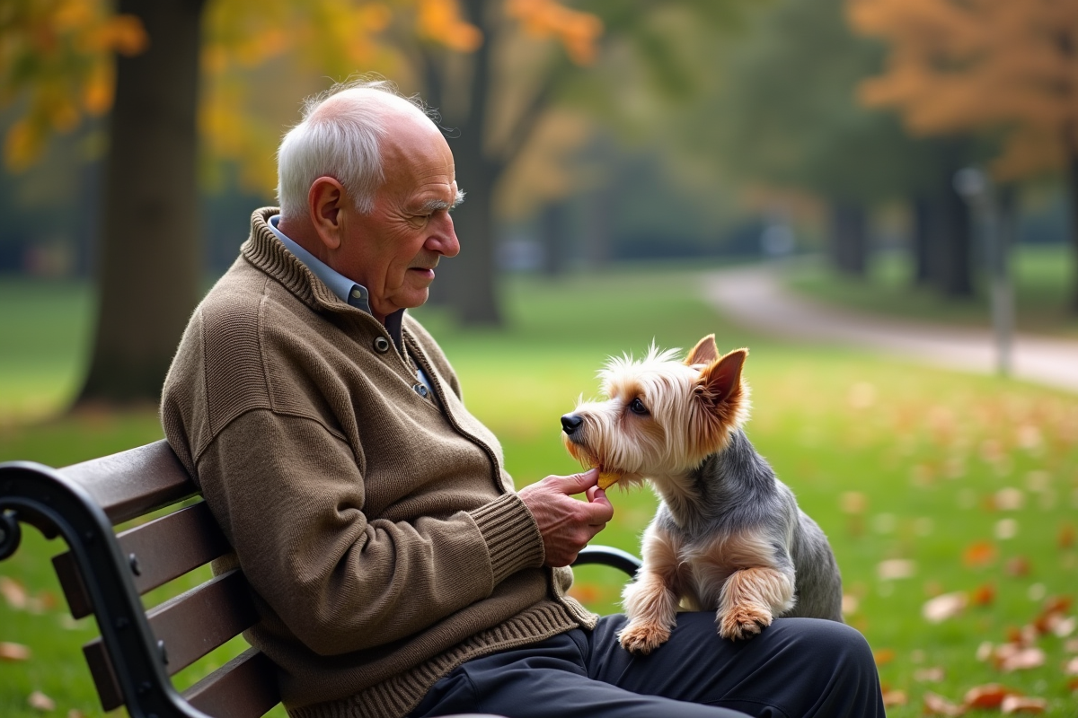 Homme âgé avec son chien dans un parc en automne