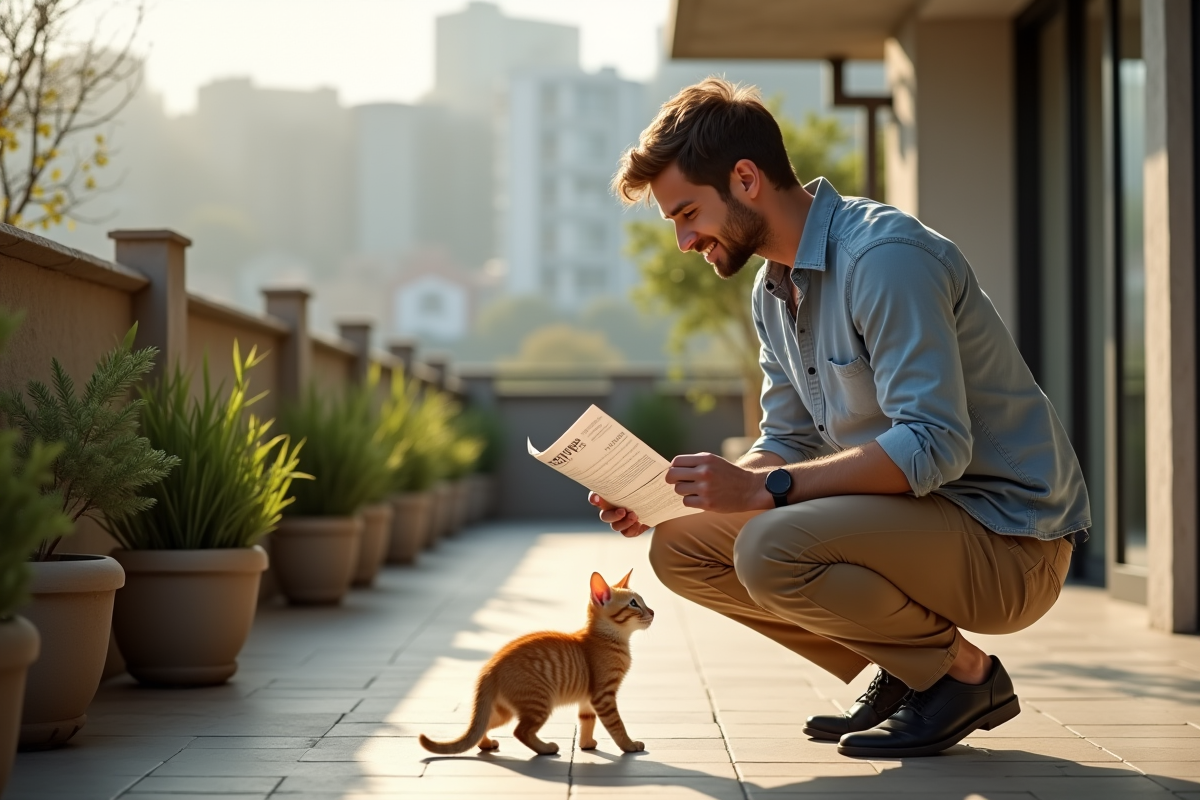 Jeune homme avec chaton sur balcon ensoleille