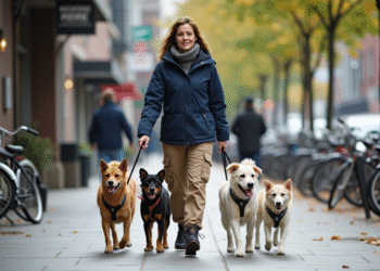 Femme souriante promenant quatre chiens en ville