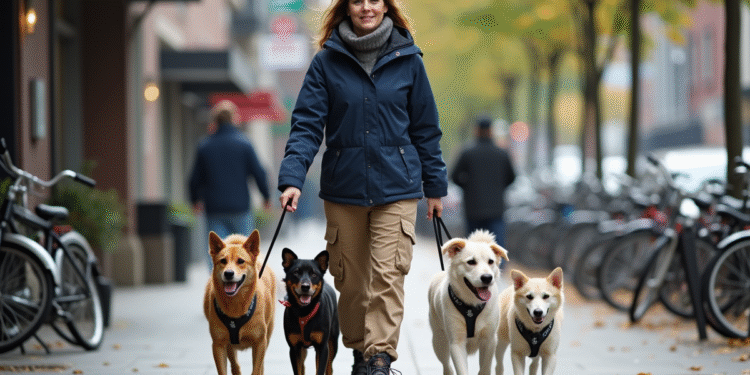 Femme souriante promenant quatre chiens en ville