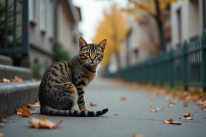 Chat tabby abandonné assis seul sur le trottoir
