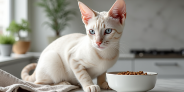 Chat Bengal blanc sur un comptoir moderne de cuisine