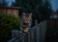Chat tigré silencieux sur une clôture de nuit
