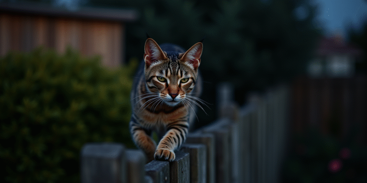 Chat tigré silencieux sur une clôture de nuit