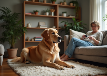Golden retriever se léchant la patte dans un salon chaleureux