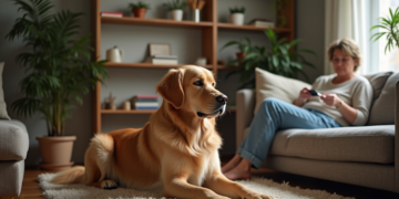 Golden retriever se léchant la patte dans un salon chaleureux