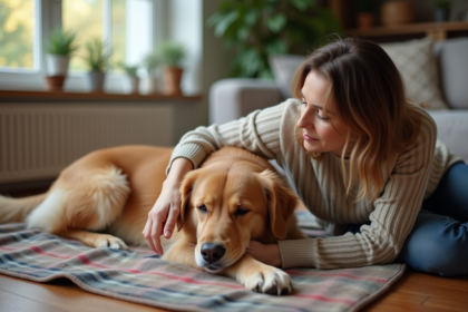 Chien retriever âgé reposant avec une femme dans un salon