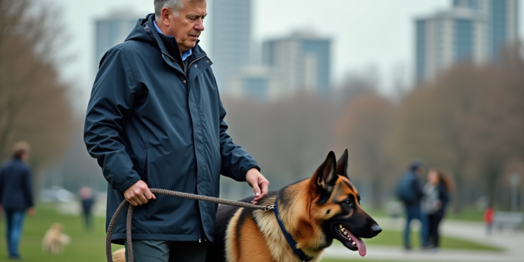 Dresseur de chien avec un berger allemand en parc urbain