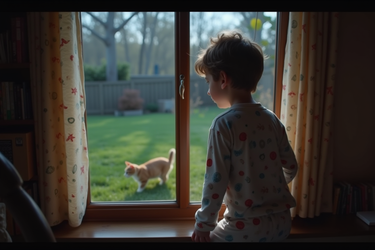 Jeune garçon regardant un chat dans le jardin la nuit