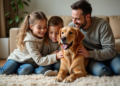 Famille souriante avec chien retriever dans un salon chaleureux