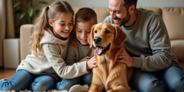 Famille souriante avec chien retriever dans un salon chaleureux