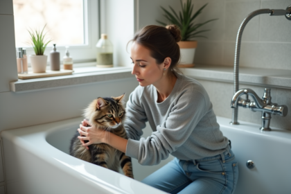 Femme calmee avec chat dans la salle de bain moderne