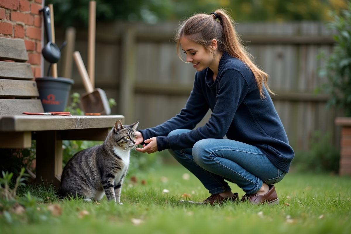 Femme jeune caressant un chat dans un jardin
