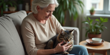 Femme attentive caressant un chat gris sur ses genoux