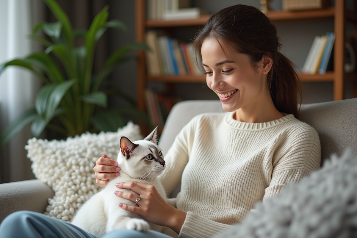 Femme caressant un chat Bengal blanc dans un salon cosy