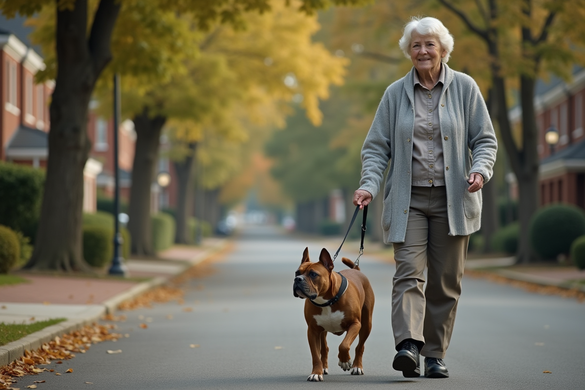 Femme âgée promenant un staffordshire dans un quartier résidentiel