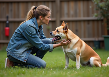 Femme inquiète avec un chien stressé dans le jardin