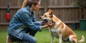 Femme inquiète avec un chien stressé dans le jardin