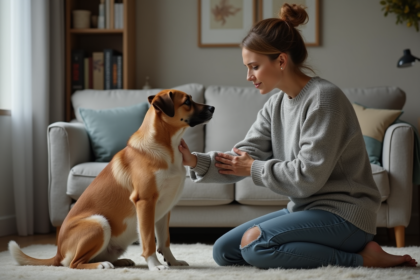 Femme apaisante un chien anxieux dans un salon chaleureux