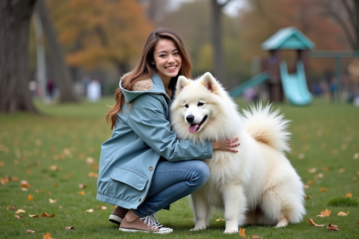 Jeune femme avec chien samoyed dans un parc en automne