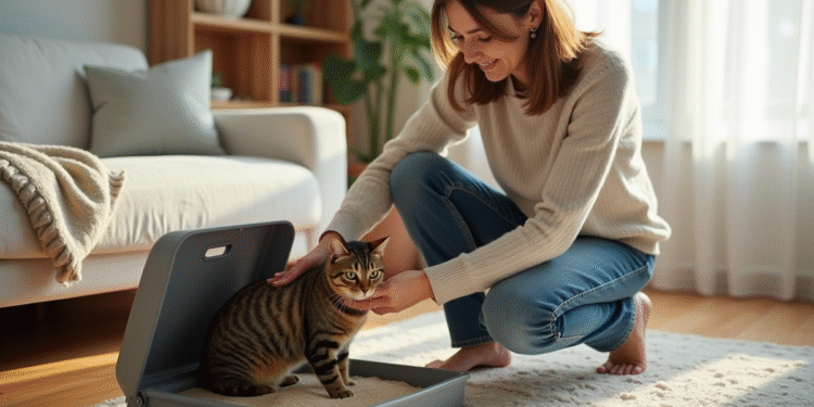 Femme posant près d un chat dans un salon lumineux