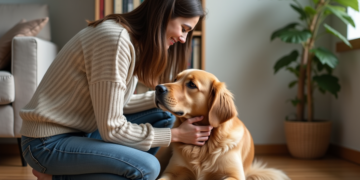 Jeune femme caressant un golden retriever dans le salon